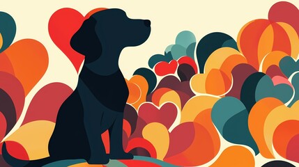 Poster - Black dog silhouette sits among abstract heart shapes in a retro color palette art style