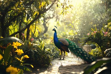 Poster - Peacock stands in a sunlit garden with lush foliage and bright yellow flowers on a stone path