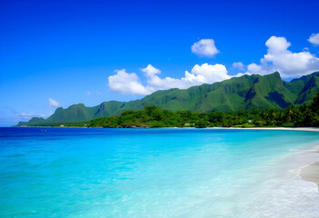 aerial view of tropical paradise, pristine turquoise ocean, golden sandy beach, lush green coastline