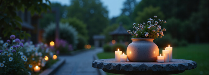 Wall Mural - Human funeral urn surrounded by candles and flowers in a serene garden