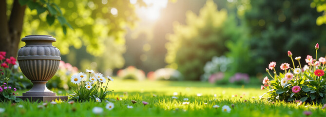 Wall Mural - Human funeral urn surrounded by flowers in serene garden