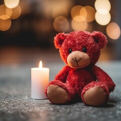 Wall Mural - A red teddy bear sits next to two white candles, blurred background 