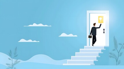 Poster - Silhouetted figure walks up a set of stairs towards a glowing doorway symbolizing the concepts of career choices new beginnings and opportunities for success and personal growth