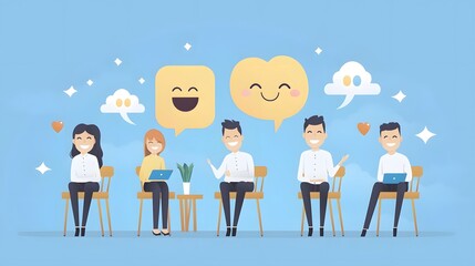 Poster - A group of happy  engaged employees participating in a collaborative company feedback survey  sharing their experiences and satisfaction within a vibrant  modern work environment