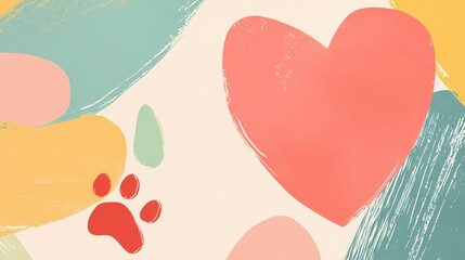 Poster - Abstract background with heart and paw print in pastel colors with brush stroke texture