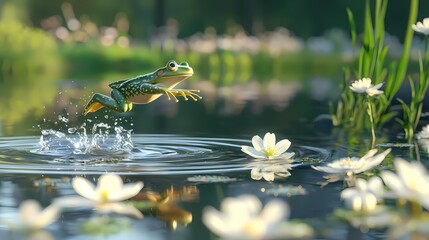 Poster - Leap of Faith Frog Jumping into Pond with Water Lilies and Sunlight in a Serene Scene