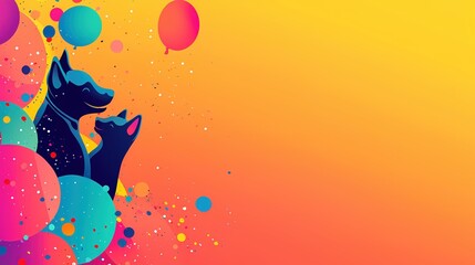 Poster - Two dark figures with balloons on a bright orange background with colorful confetti
