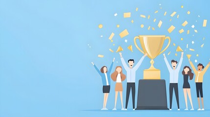 Poster - Energetic and motivated team of professionals standing together and holding a prestigious trophy celebrating their collective success and achievement of an important milestone or goal