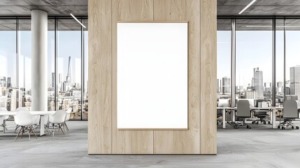 Poster - Elegant wooden wall poster mockup in a stylish contemporary office setting with large glass windows overlooking a vibrant city skyline in the background