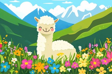 Cartoon llama in a colorful flower field with mountains and blue sky in the background