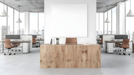 Poster - Bright and Minimalist Contemporary Office Interior with Clean Blank Walls Sophisticated Furniture and Neatly Arranged Workstations for a Professional and Productive Work Environment