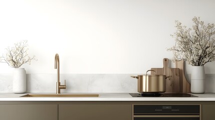 Poster - Minimalist Kitchen Design with Golden Sink Tap and Modern Stove Featuring Empty Space for Decor and Functional Elegance   Sleek and Contemporary Interior Architecture with Sophisticated and Essential