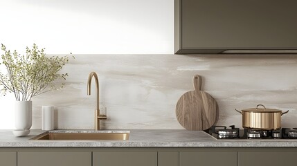 Poster - Minimalist Kitchen Design with Golden Sink Tap and Modern Stove Featuring Functional Elegance and Empty Space for Decor and Sleek Background
