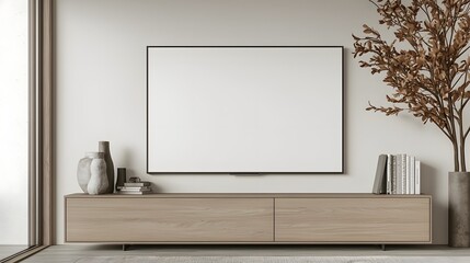 Poster - Stylish contemporary minimalist room interior with a sleek wooden cabinet shelves and blank wall space perfect for creative design mockup or product photography background