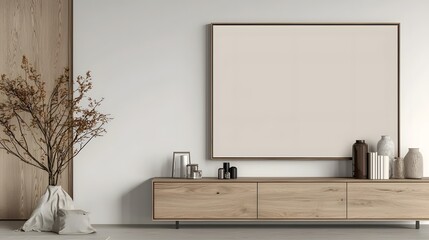 Aufkleber - Stylish contemporary minimalist room interior with sleek wooden cabinet and blank wall space perfect for product photography mockup or creative design ideas background  Cozy clean