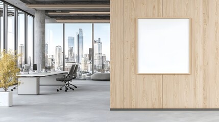 Poster - Modern and Minimalist Office Interior Design with Blank Poster Frame on Wooden Wall Panels and Bright Cityscape Visible Through Large Windows in a Contemporary Business Setting
