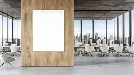 Poster - Blank poster mockup mounted on a wooden wall in a sleek modern office setting with panoramic city skyline view through large windows