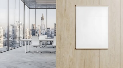 Poster - Sleek and contemporary office interior with panoramic windows showcasing a stunning city skyline view  A blank poster mockup is mounted on a wooden accent wall
