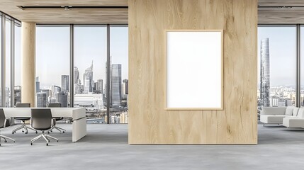 Poster - Sleek and modern office interior with wooden wall blank poster mockup and panoramic view of the city skyline through large windows  A professional and sophisticated workspace design for business