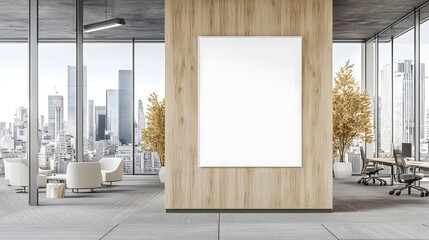 Poster - Stylish and contemporary office interior design with a blank white poster mockup displayed on a warm wooden wall