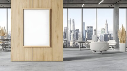 Poster - Stylish Wooden Wall with Empty Poster Frame in High Rise Office with Expansive City Views Through Modern Glass Windows Creating a Luxurious and Professional Workspace Environment