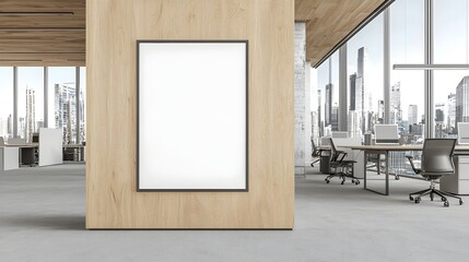 Poster - Minimalist wooden office interior wall with empty poster frame mockup display and large windows providing a stunning metropolitan city skyline view in the background
