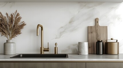 Poster - Luxurious minimalist home kitchen interior design featuring a gleaming golden faucet  modern stove  and elegant arrangement of cooking utensils  ceramics