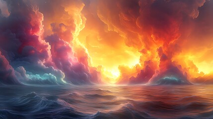 Wall Mural - Fiery sunset over ocean; dramatic cloudscape, fantasy landscape, digital art