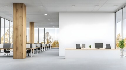 Leinwandbilder - Sleek and Modern Open Plan Office Space with Minimalist Workstations and Expansive Empty White Walls Creating a Productive and Efficient Work Environment