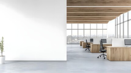 Poster - Minimalist and modern office interior design with blank wall and organized workstations providing a clean and functional workspace background for corporate or business use