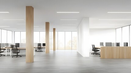 Poster - Spacious and Minimalist Open Office Layout with Functional Workstations and Large Windows for a Bright and Efficient Work Environment
