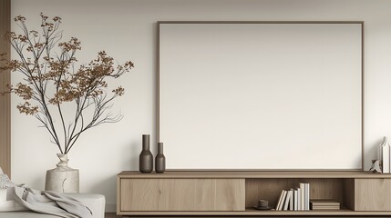 Poster - Clean and simple interior showcasing a wooden cabinet against a neutral blank wall suitable for branding or artwork display background