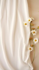 Poster - Blank paper sheet card with mockup copy space, chamomile flower buds and muslin cloth on neutral beige background 