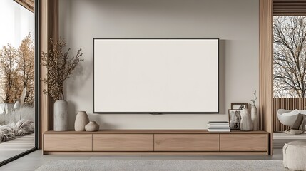Leinwandbilder - Minimalist wooden storage unit with plain wall in warm contemporary interior design setting offering opportunities for display and home decor background