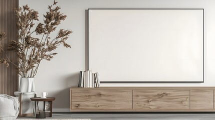 Aufkleber - Minimalist and contemporary interior design featuring a wooden storage unit and plain grey wall offering a clean warm and visually appealing background for home decor and lifestyle photography