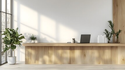 Poster - Simple and clean office workspace setup featuring a wooden desk laptop and potted plant against a blank white wall providing a minimal and organized environment for enhanced productivity and focus