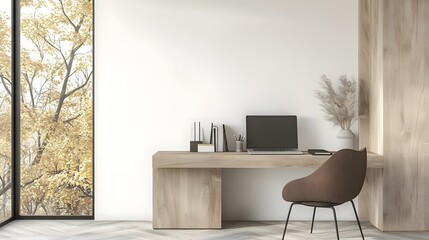 Poster - Clean and Functional Workspace with Wooden Desk and Neutral Wall Background   Designed for Efficiency and Style Featuring Natural Light and Foliage Accents