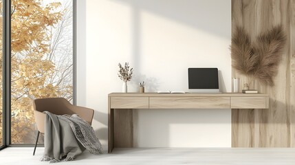 Poster - Inviting and refined professional office workspace with a warm wooden desk blank wall background and minimalist modern decor providing a cozy and productive work environment