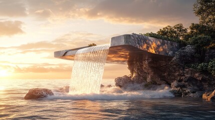 Wall Mural - Sunset view of a futuristic waterfall flowing from a stone platform into the ocean.