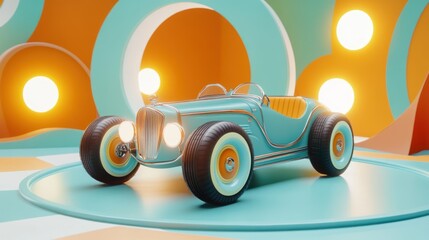 Poster - Teal vintage toy car on round platform in abstract colorful background.