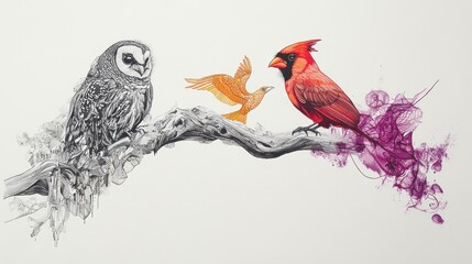 Wall Mural - Three birds perched on a branch, one owl, one cardinal, and one small bird in flight; artistic ink splatters.