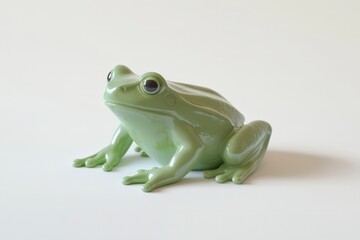 A glossy green frog figurine sits on a white background