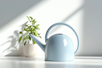 Wall Mural - Light Blue Watering Can and Plant in Sunlight