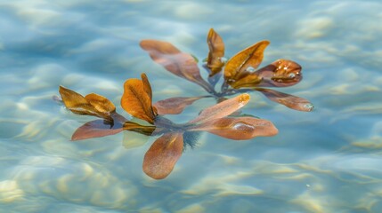 Poster - Two brown aquatic plants float on clear, shallow water with a sandy bottom.