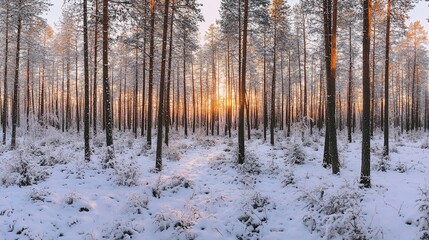 Wall Mural - Sunset in snowy pine forest.