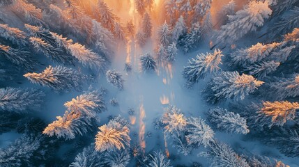 Wall Mural - Aerial view of snow-covered pine forest at sunrise.