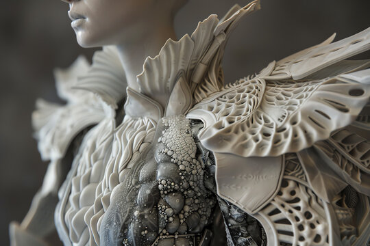 Bring a Dystopian Haute Couture vision to life through a clay sculpture of a high-fashion garment, utilizing dystopian elements and unique textures, enhanced with CG 3D rendering to emphasize the intr