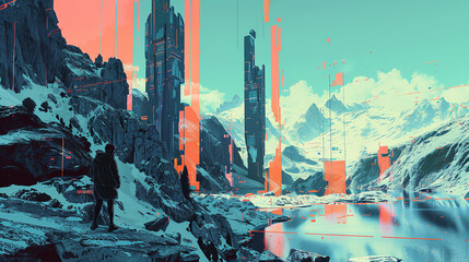 Bring together the elements of glitch art and vector illustration to create a unique view of urban exploration and wilderness camping from unexpected camera angles Show a futuristic twist with distort