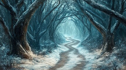 Wall Mural - Snow-covered path winding through a dark, wintry forest.