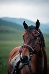 close-up of horse bridle and saddle with blurred landscape of rolling hills in background